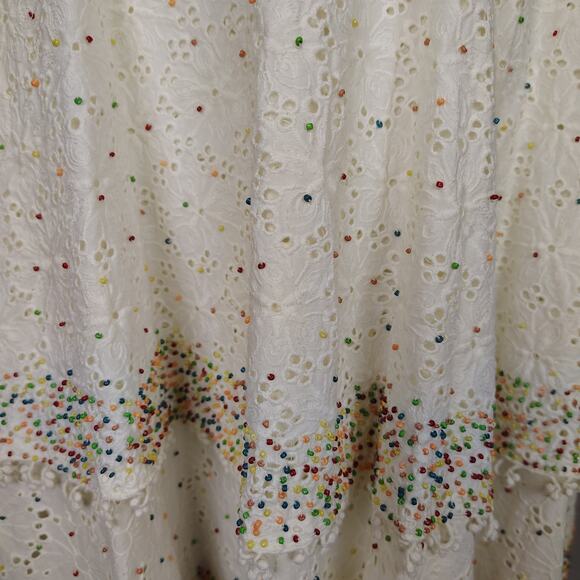 FARM Rio Boho Ivory Eyelet Lace Patch Beaded Tiered Mini Dress Size Medium - Picture 11 of 15